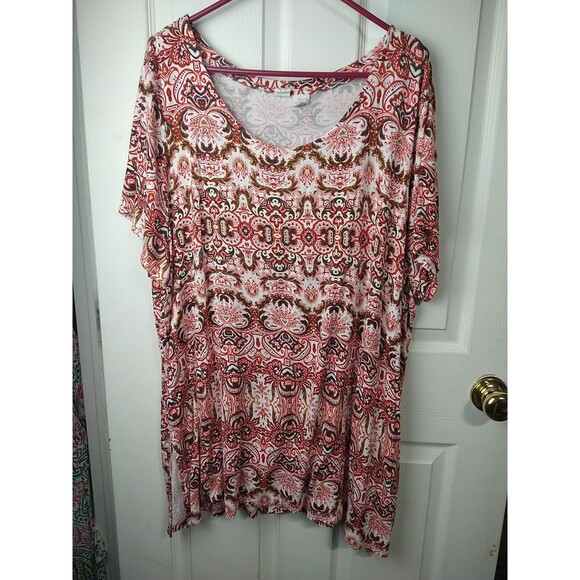 Artisan NY Woman 2X Tunic Tee SS Boho Hippie Side Slit Red Gold White Casual - Picture 1 of 8
